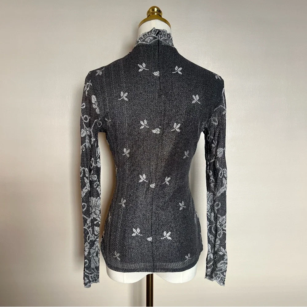 Vintage‎ Y2K Floral Mesh Mock Neck Top Small Sheer Long Sleeve - Picture 4 of 10